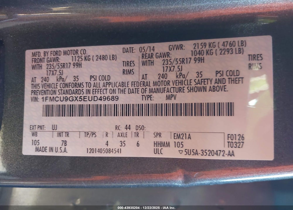 2014 FORD ESCAPE SE VIN: 1FMCU9GX5EUD49689
