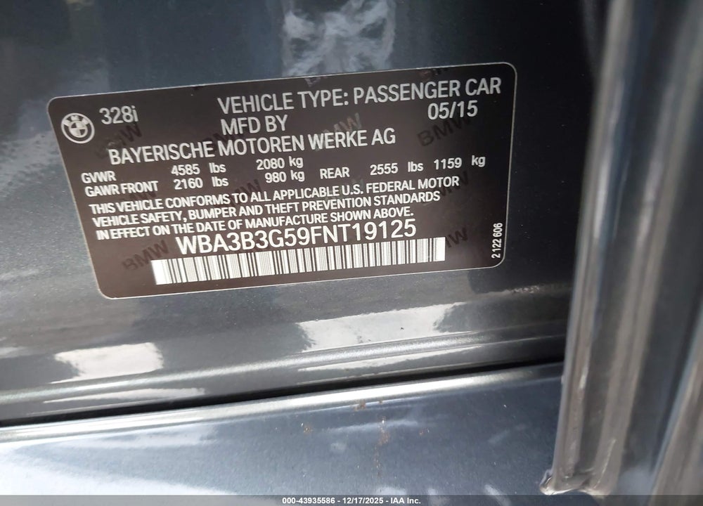 2015 BMW 328I XDRIVE VIN: WBA3B3G59FNT19125