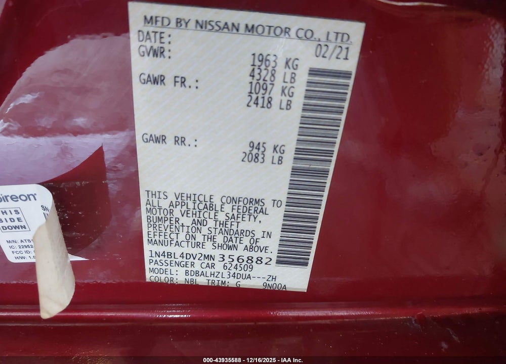 2021 NISSAN ALTIMA SV FWD VIN: 1N4BL4DV2MN356882