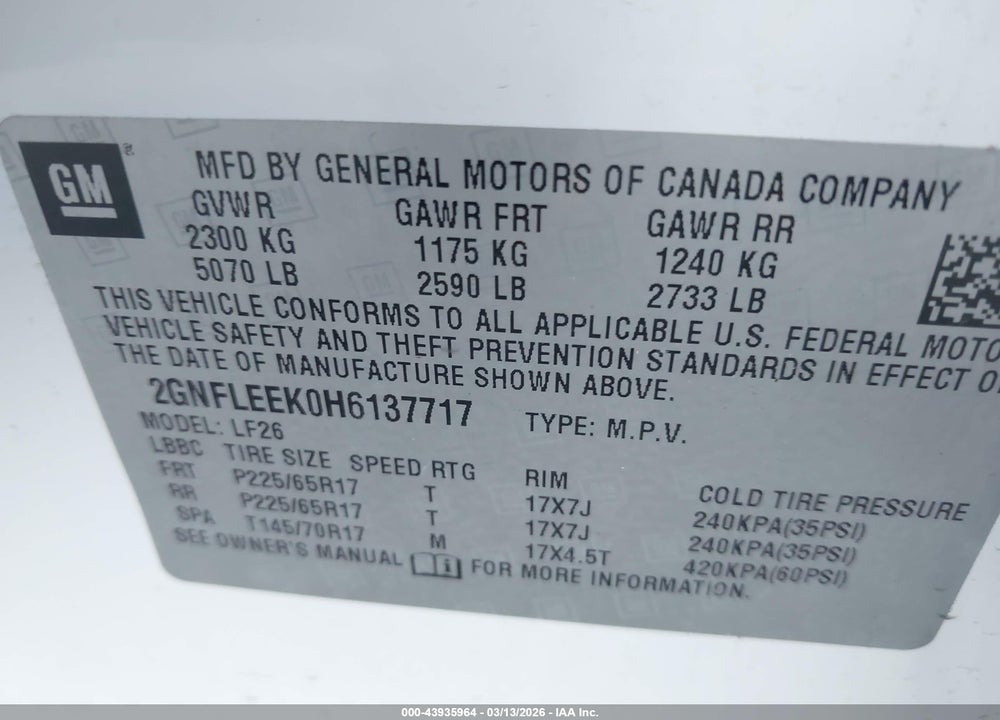 2017 CHEVROLET EQUINOX LS VIN: 2GNFLEEK0H6137717