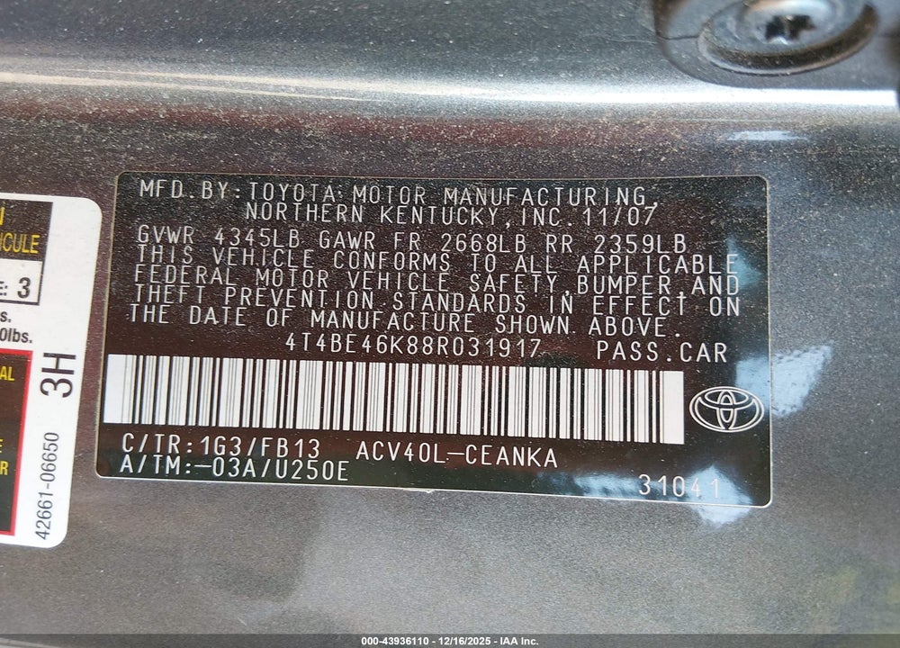 2008 TOYOTA CAMRY LE VIN: 4T4BE46K88R031917