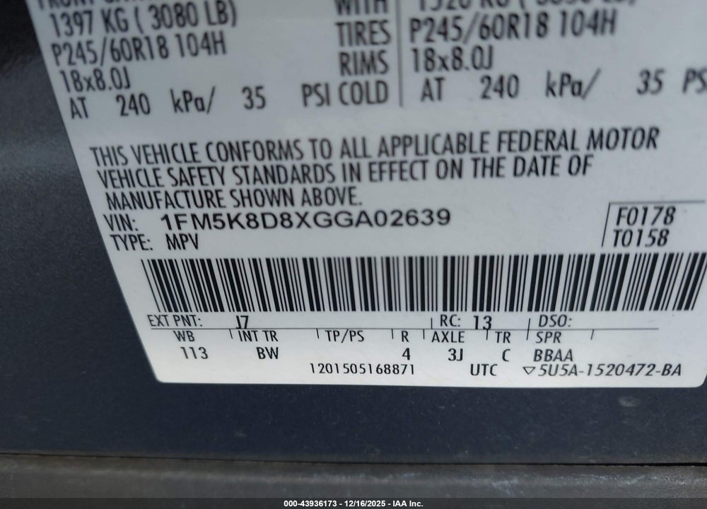 2016 FORD EXPLORER XLT VIN: 1FM5K8D8XGGA02639
