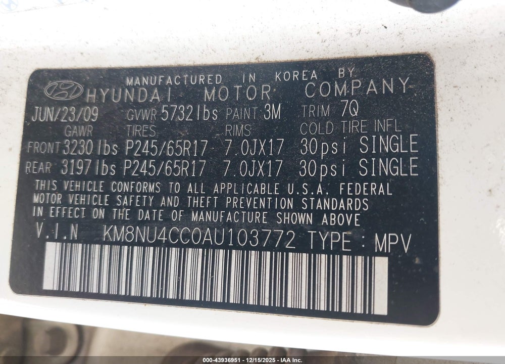 2010 HYUNDAI VERACRUZ GLS VIN: KM8NU4CC0AU103772