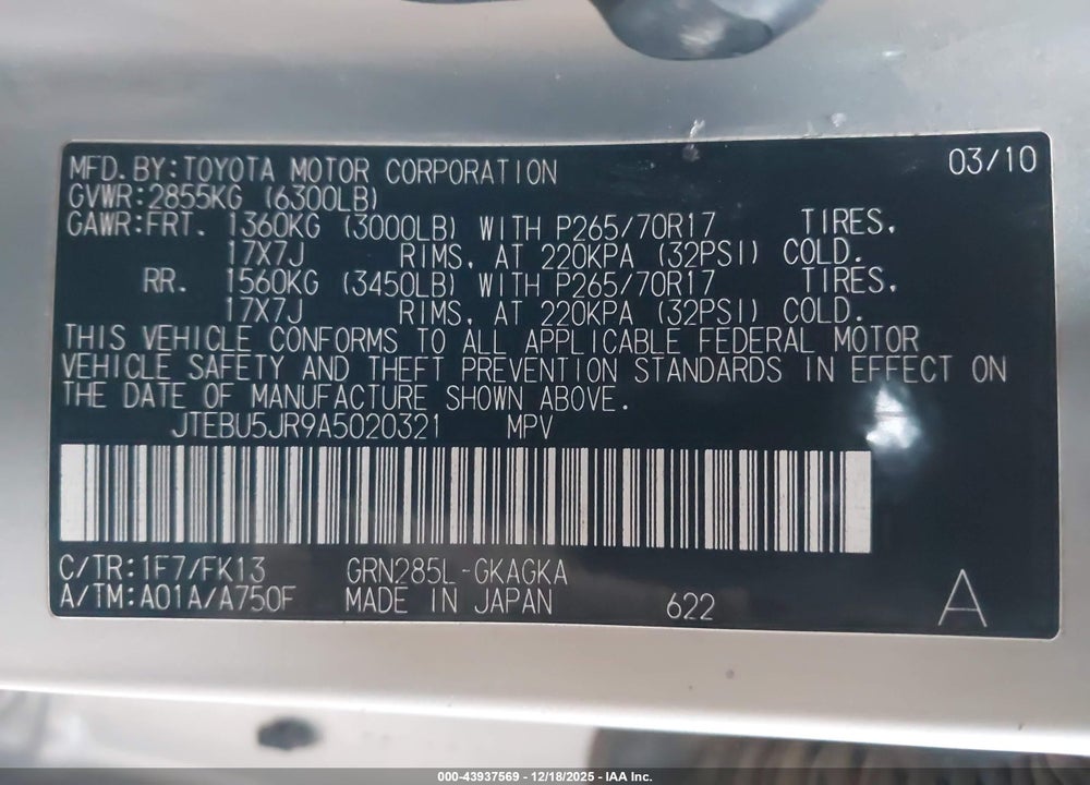 2010 TOYOTA 4RUNNER SR5 V6 VIN: JTEBU5JR9A5020321