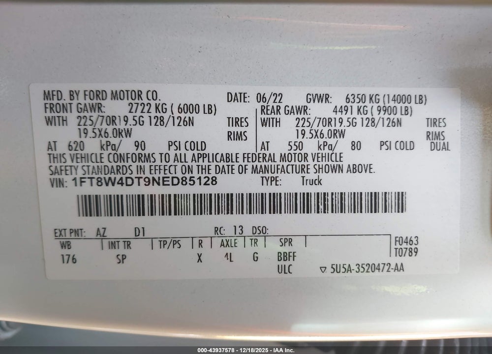 2022 FORD F-450 KING RANCH VIN: 1FT8W4DT9NED85128