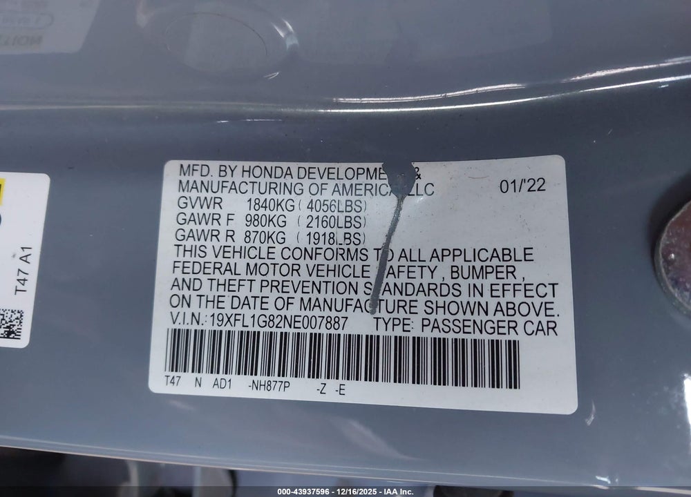 2022 HONDA CIVIC SPORT TOURING VIN: 19XFL1G82NE007887