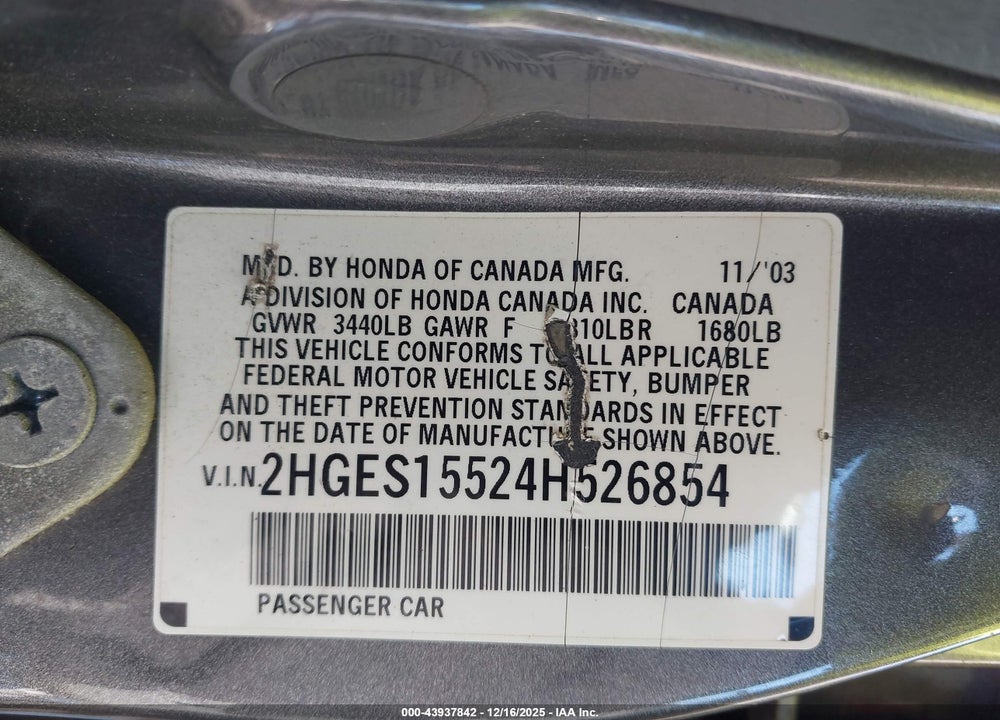 2004 HONDA CIVIC LX VIN: 2HGES15524H526854