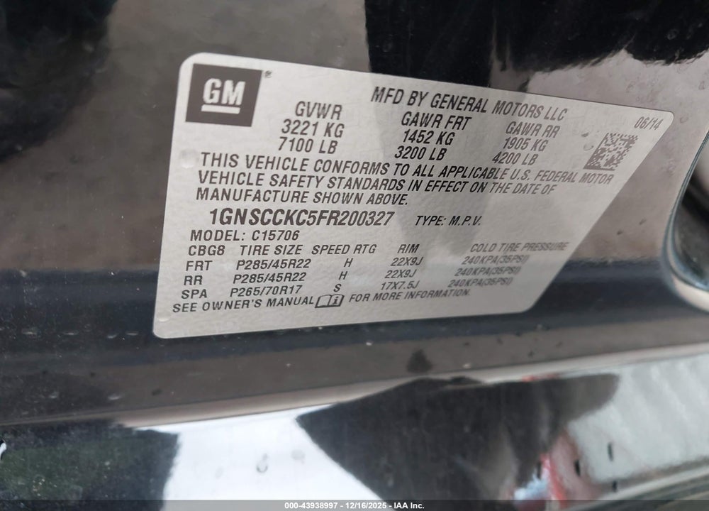 2015 CHEVROLET TAHOE LTZ VIN: 1GNSCCKC5FR200327