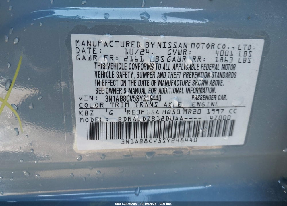 2025 NISSAN SENTRA SV VIN: 3N1AB8CV5SY248440