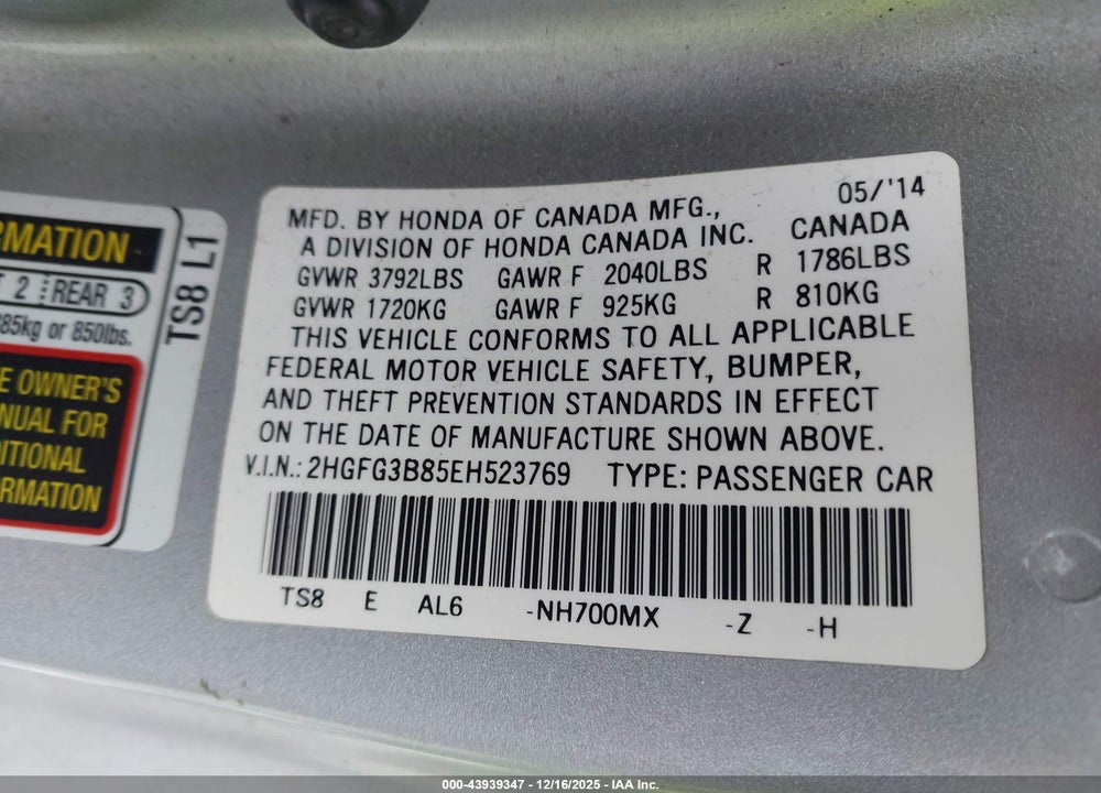 2014 HONDA CIVIC EX VIN: 2HGFG3B85EH523769