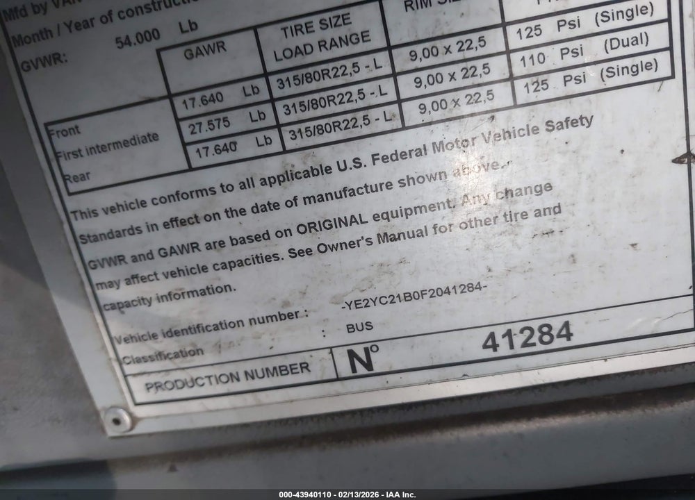 2015 VAN HOOL TOURIST COACH TX VIN: YE2YC21B0F2041284