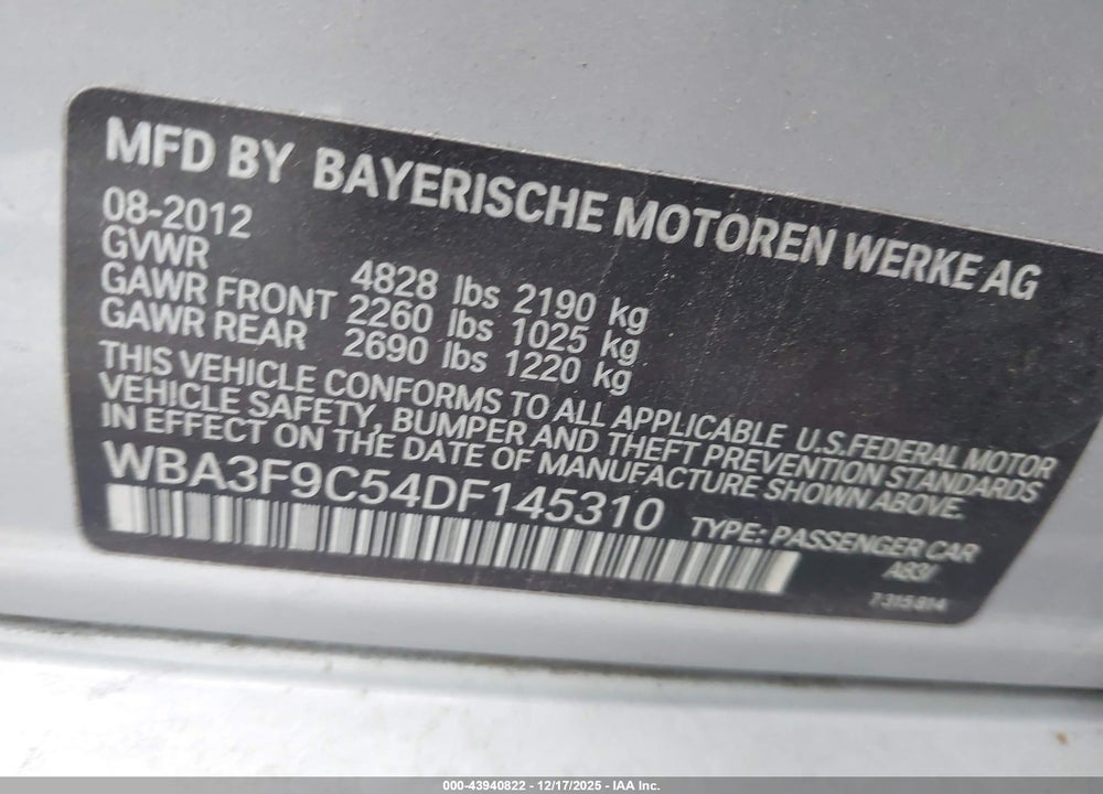 2013 BMW ACTIVEHYBRID 3 VIN: WBA3F9C54DF145310