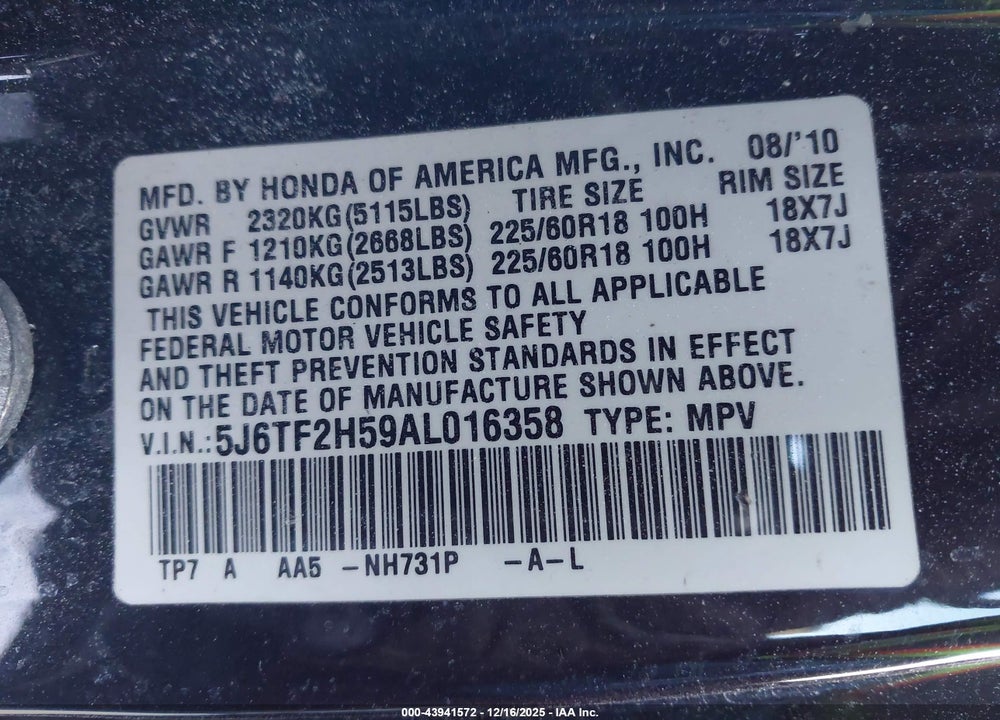 2010 HONDA ACCORD CROSSTOUR EX-L VIN: 5J6TF2H59AL016358