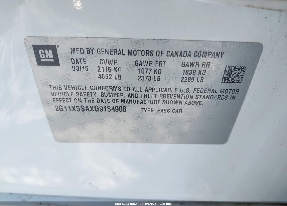 2016 CHEVROLET IMPALA 1FL VIN: 2G11X5SAXG9184908