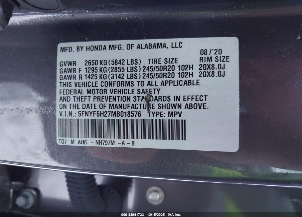 2021 HONDA PILOT AWD SPECIAL EDITION VIN: 5FNYF6H27MB018576
