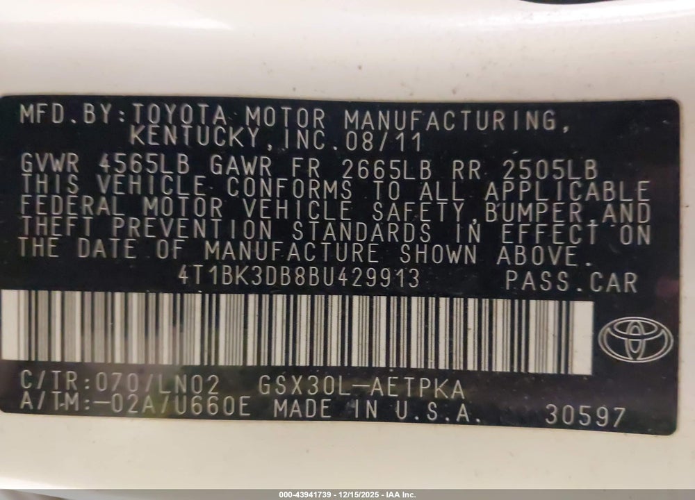 2011 TOYOTA AVALON LIMITED VIN: 4T1BK3DB8BU429913