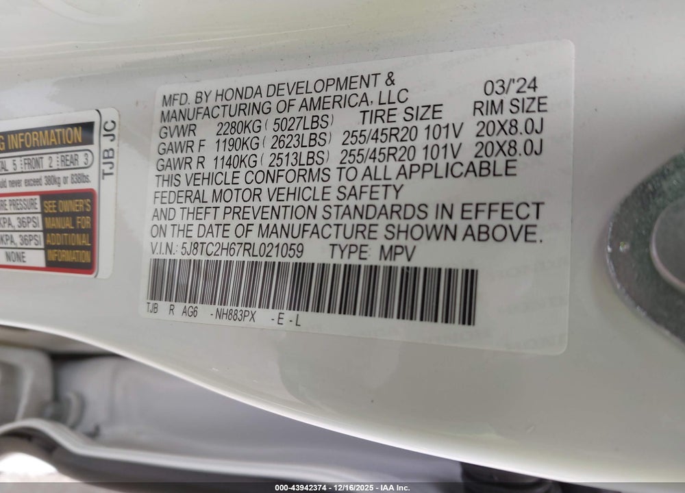 2024 ACURA RDX A-SPEC PACKAGE VIN: 5J8TC2H67RL021059