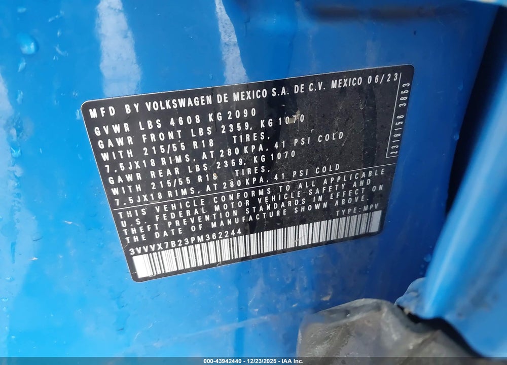 2023 VOLKSWAGEN TAOS 1.5T SE VIN: 3VVVX7B23PM362244