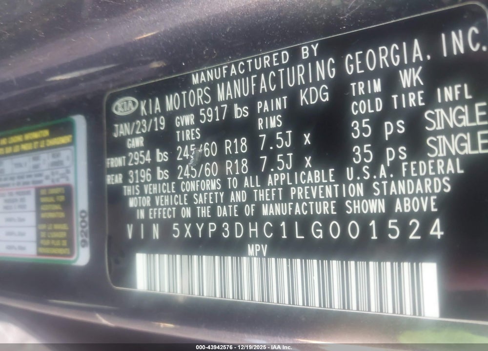 2020 KIA TELLURIDE EX VIN: 5XYP3DHC1LG001524