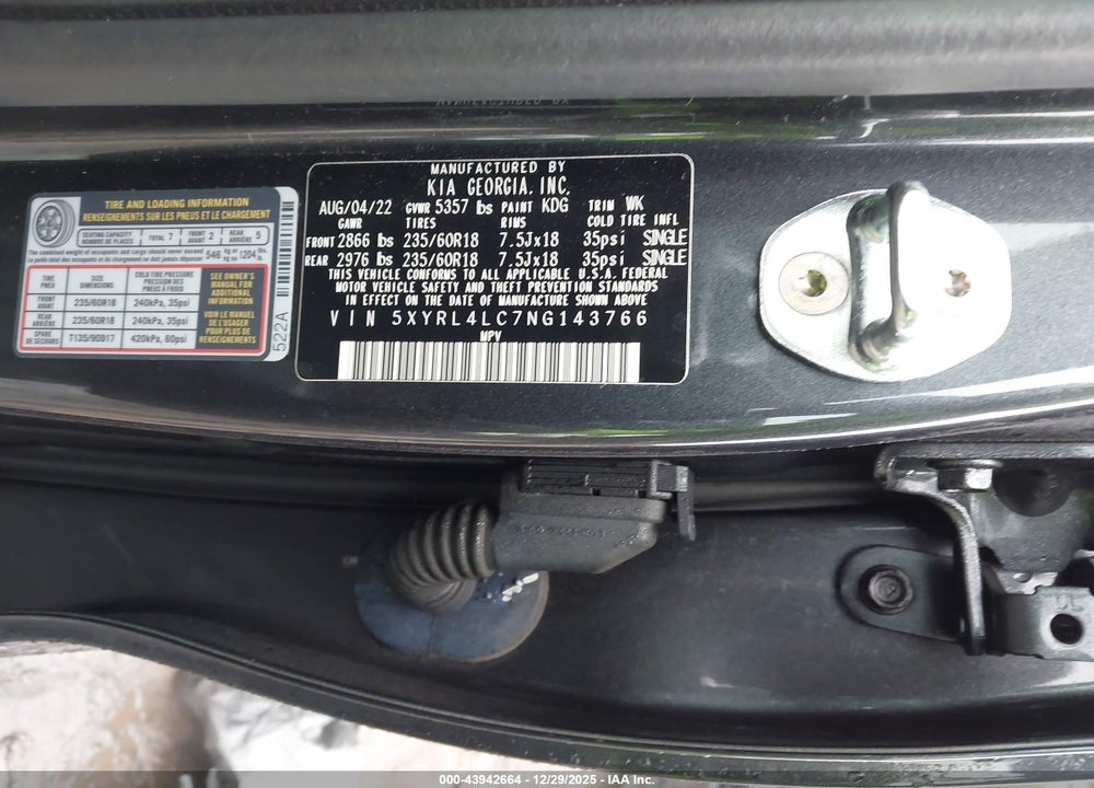 2022 KIA SORENTO S VIN: 5XYRL4LC7NG143766