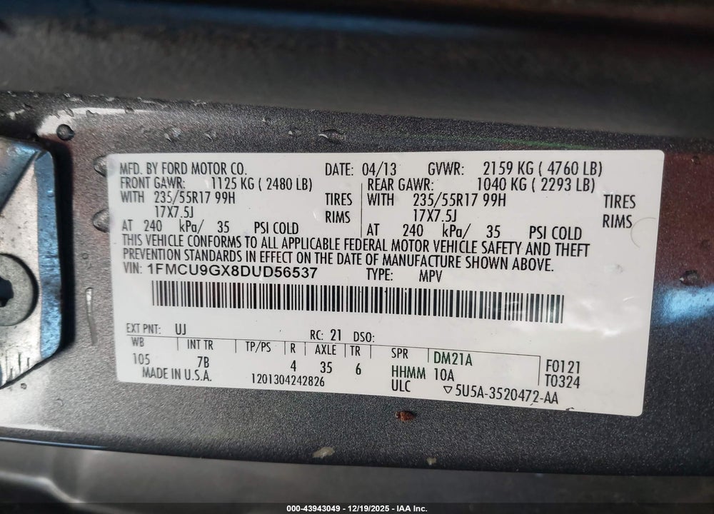 2013 FORD ESCAPE SE VIN: 1FMCU9GX8DUD56537