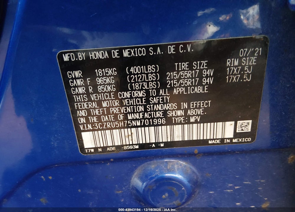 2022 HONDA HR-V 2WD EX-L VIN: 3CZRU5H75NM701996