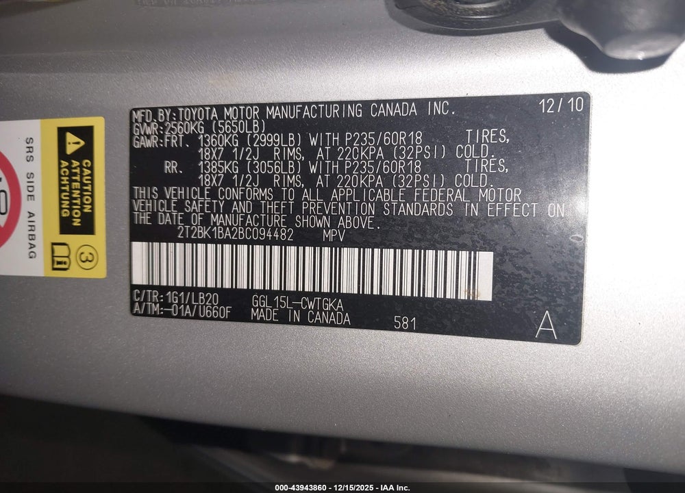 2011 LEXUS RX 350 VIN: 2T2BK1BA2BC094482