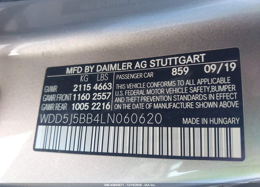 2020 MERCEDES-BENZ AMG CLA 35 4MATIC VIN: WDD5J5BB4LN060620