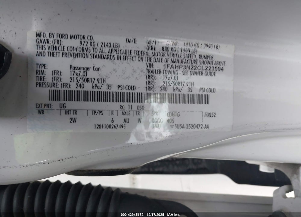2012 FORD FOCUS TITANIUM VIN: 1FAHP3N22CL223594
