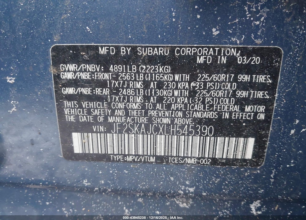 2020 SUBARU FORESTER PREMIUM VIN: JF2SKAJCXLH545390