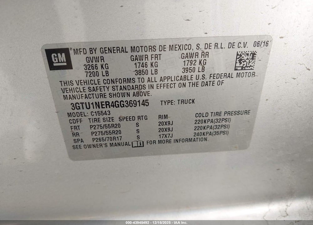 2016 GMC SIERRA 1500 SLT VIN: 3GTU1NER4GG369145