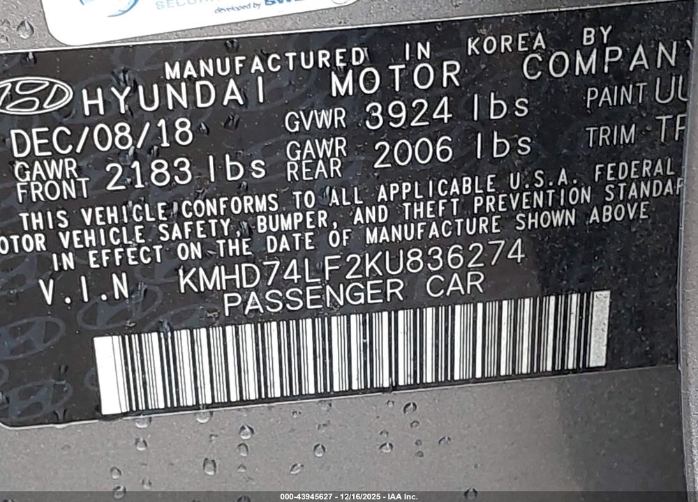 2019 HYUNDAI ELANTRA SE VIN: KMHD74LF2KU836274