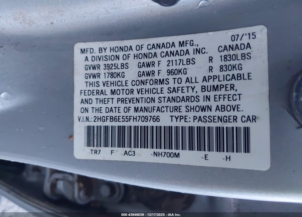 2015 HONDA CIVIC SI VIN: 2HGFB6E55FH709766