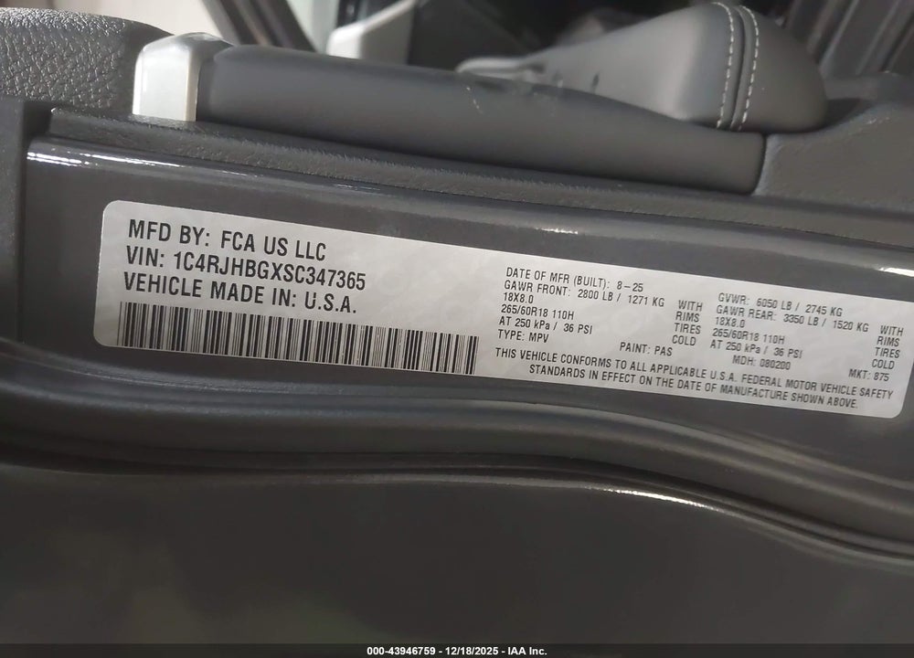 2025 JEEP GRAND CHEROKEE LIMITED VIN: 1C4RJHBGXSC347365