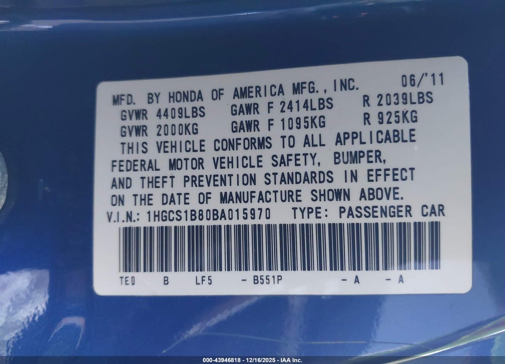 2011 HONDA ACCORD 2.4 EX-L VIN: 1HGCS1B80BA015970
