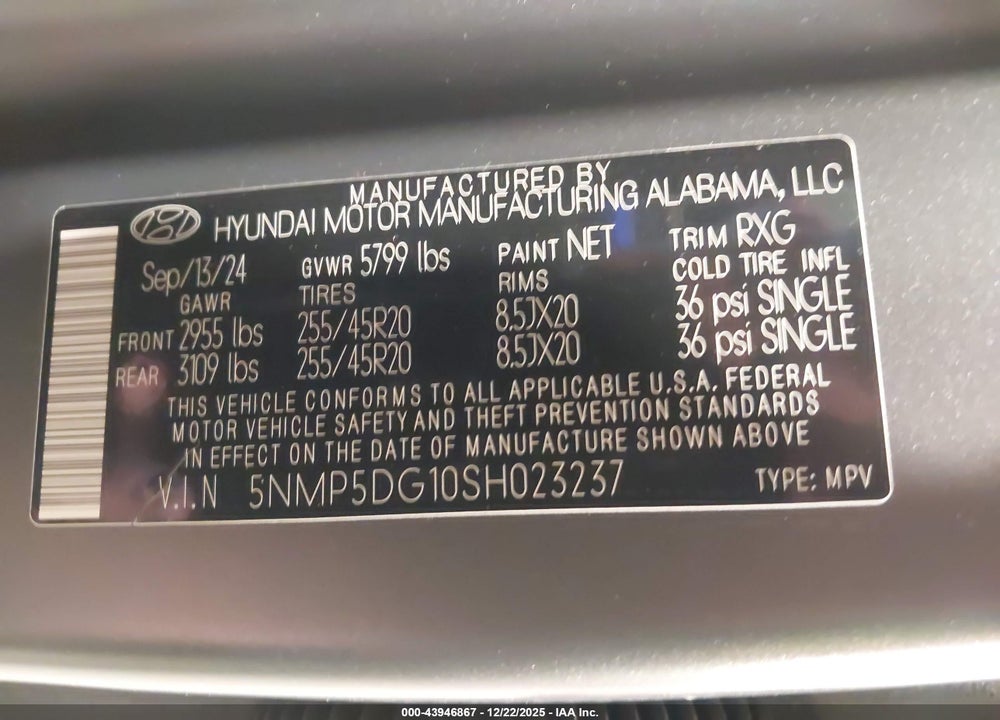 2025 HYUNDAI SANTA FE HYBRID CALLIGRAPHY VIN: 5NMP5DG10SH023237