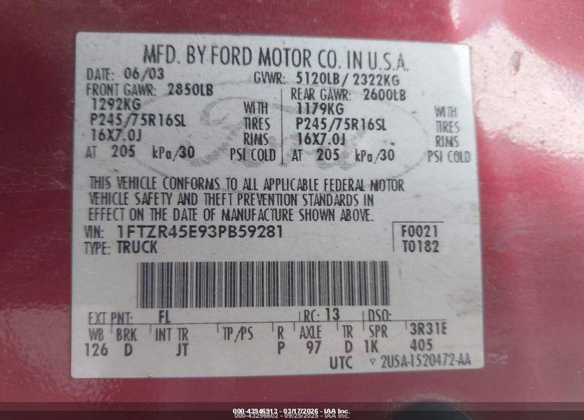 2003 FORD RANGER EDGE/XLT VIN: 1FTZR45E93PB59281