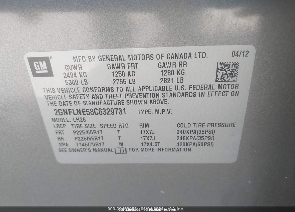 2012 CHEVROLET EQUINOX 2LT VIN: 2GNFLNE58C6329731