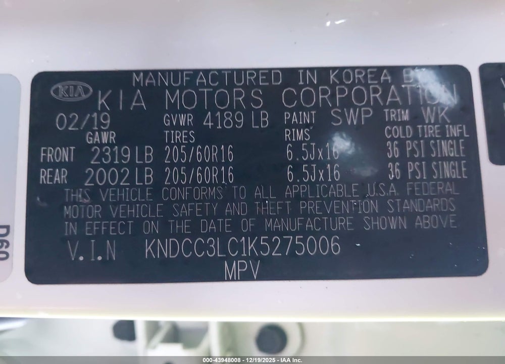 2019 KIA NIRO EX VIN: KNDCC3LC1K5275006