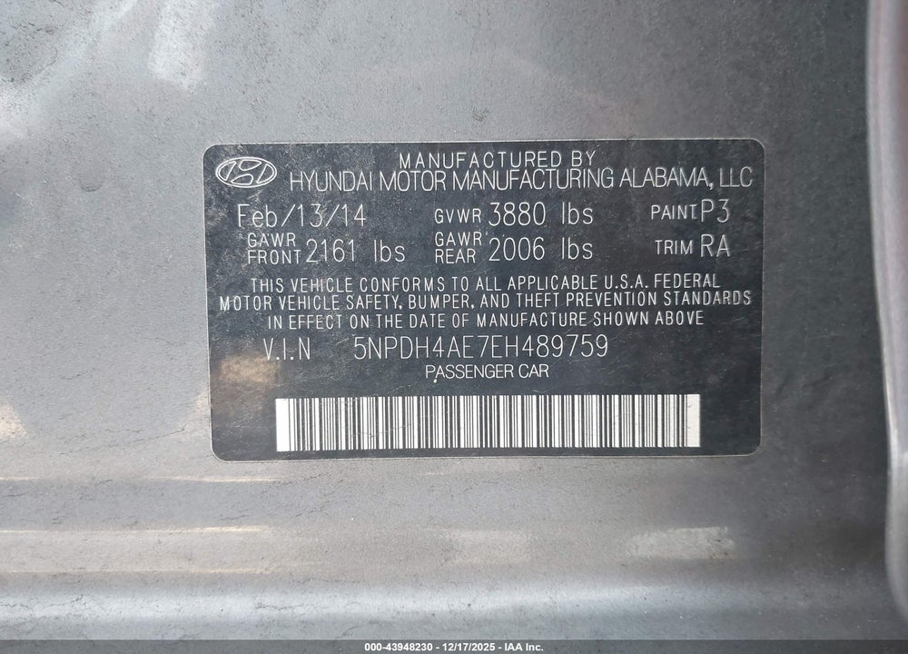 2014 HYUNDAI ELANTRA SE VIN: 5NPDH4AE7EH489759