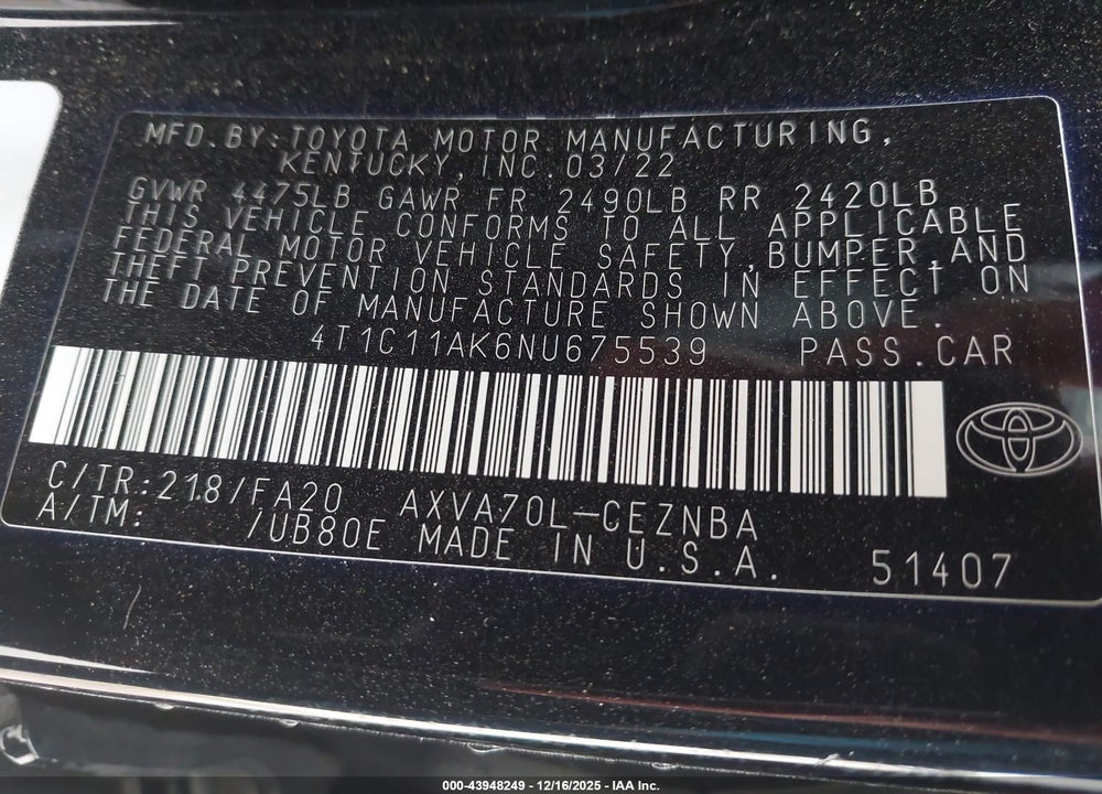 2022 TOYOTA CAMRY LE VIN: 4T1C11AK6NU675539