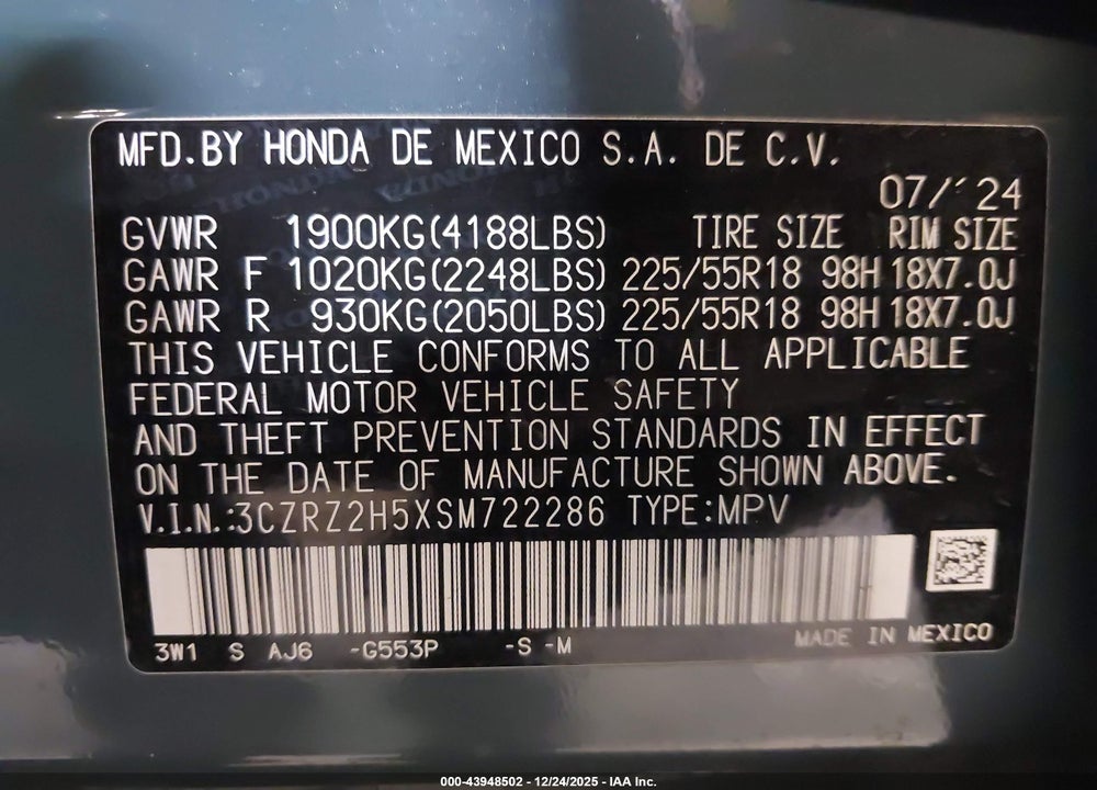2025 HONDA HR-V AWD SPORT VIN: 3CZRZ2H5XSM722286