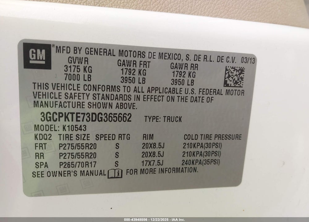 2013 CHEVROLET SILVERADO 1500 LTZ VIN: 3GCPKTE73DG365662