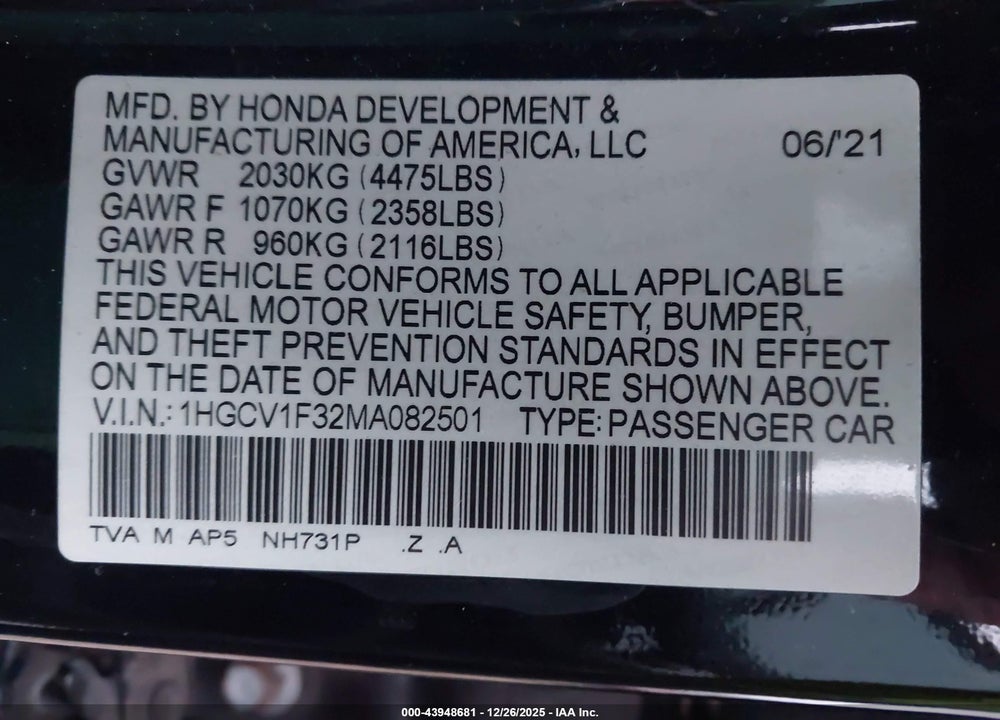 2021 HONDA ACCORD SPORT VIN: 1HGCV1F32MA082501