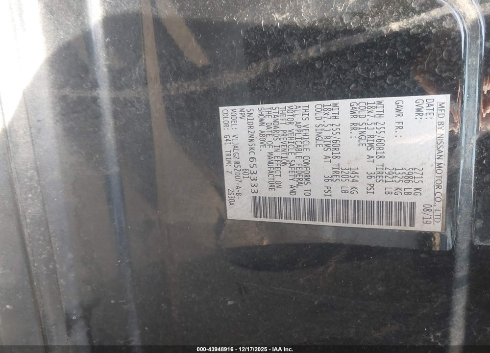 2019 NISSAN PATHFINDER SL VIN: 5N1DR2MN5KC653333