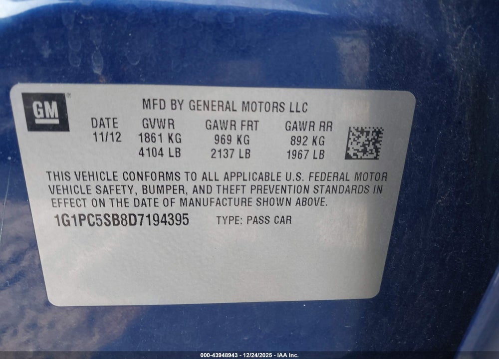 2013 CHEVROLET CRUZE 1LT AUTO VIN: 1G1PC5SB8D7194395