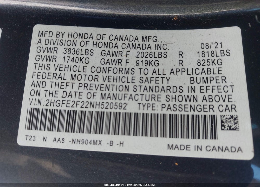 2022 HONDA CIVIC LX VIN: 2HGFE2F22NH520592