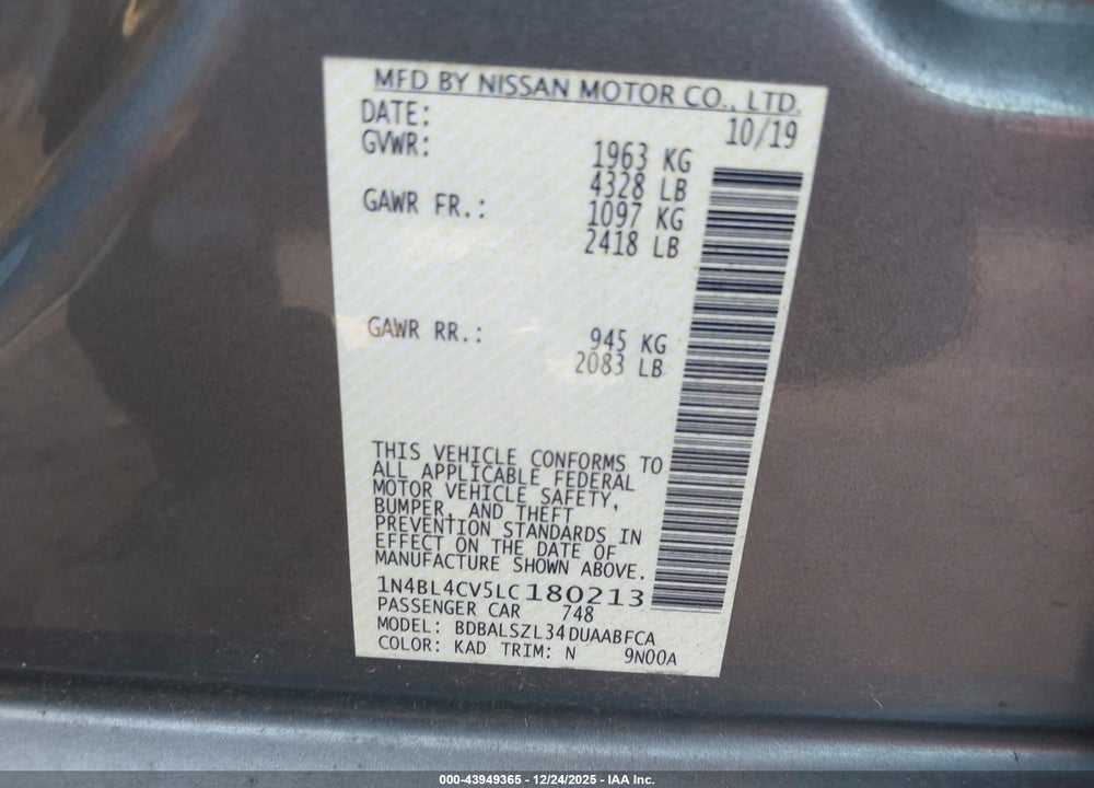 2020 NISSAN ALTIMA SR FWD VIN: 1N4BL4CV5LC180213