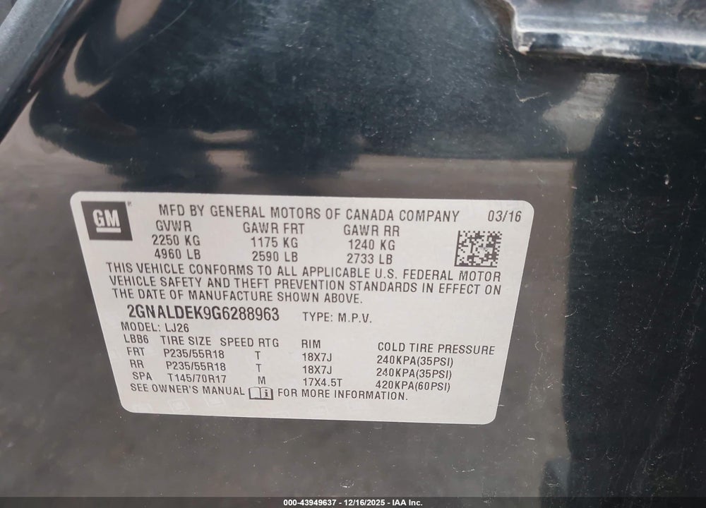 2016 CHEVROLET EQUINOX LTZ VIN: 2GNALDEK9G6288963