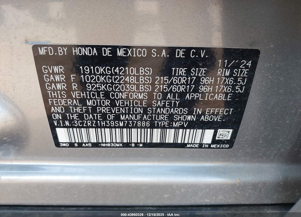 2025 HONDA HR-V 2WD LX VIN: 3CZRZ1H39SM737886